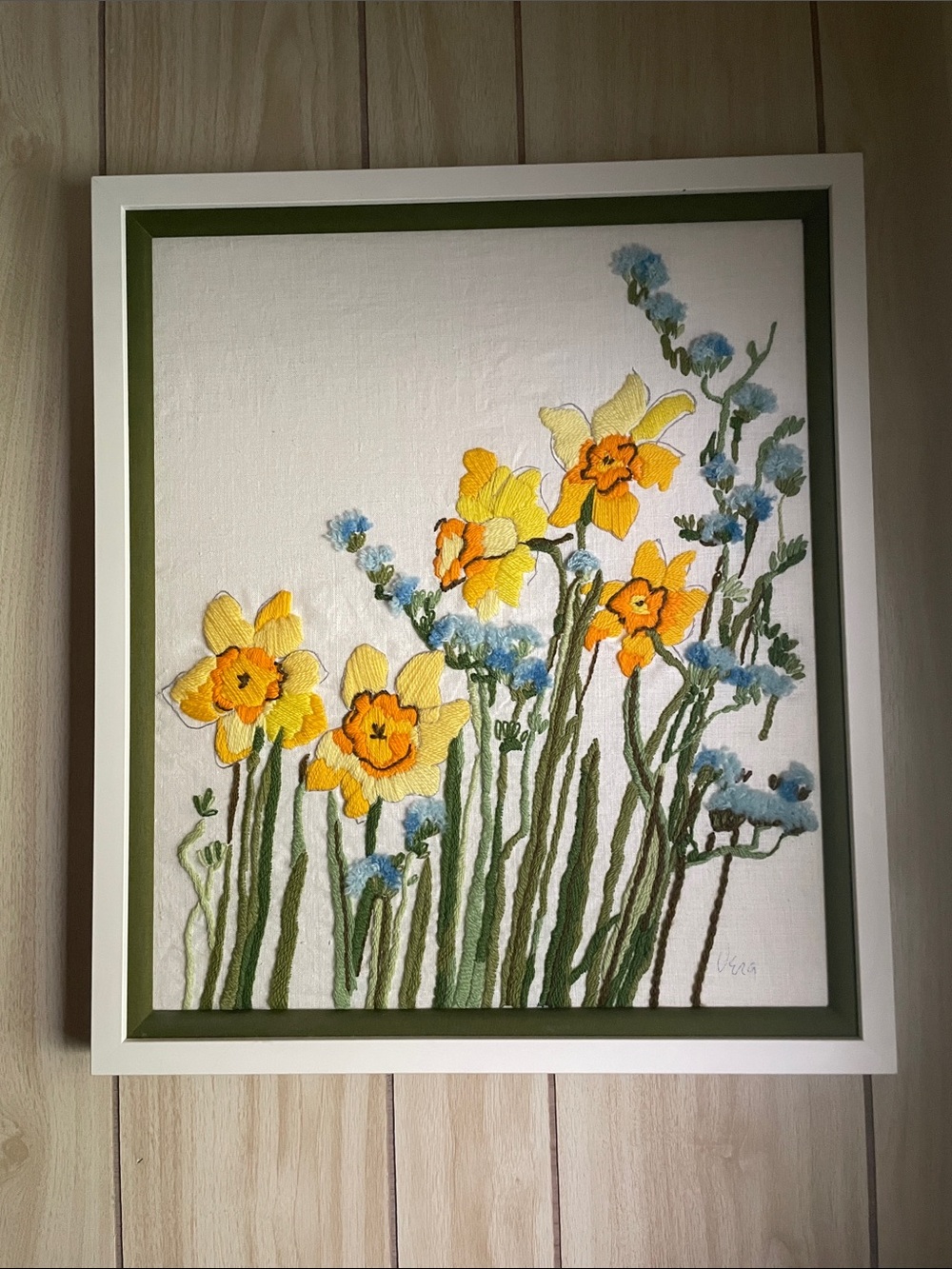 Vera Yellow Daffodil Embroidered Wall Art - Framed